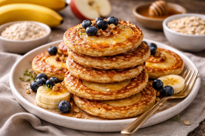 Мешаю овсянку, банан и яйцо: через 20 минут гора оладий готова. Фишка &mdash; в колечках яблок. Быстрый рецепт полезных панкейков