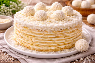 Лучшее из блинов к Масленице &mdash; торт &laquo;Рафаэлло&raquo; с творогом: вкуснее не придумаешь